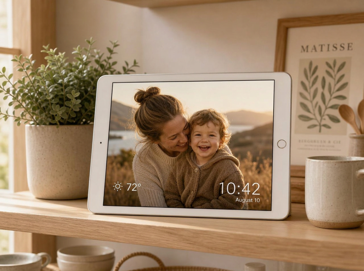 A white iPad in landscape orientation resting on a wooden kitchen shelf, displaying a wide family photo with a subtle weather widget and clock overlay.